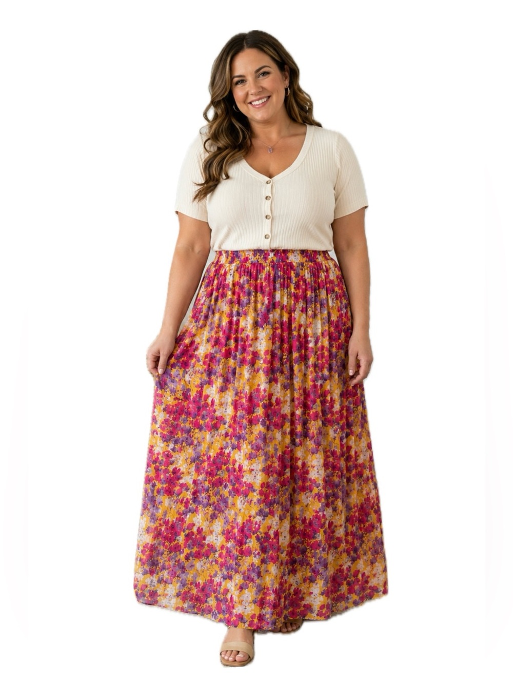 Jessica London Floral Maxi Skirt Yellow Pink Purple 14W